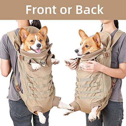 FLAdorepet Dog Carrier Tactical Backpack for Medium Large Dogs,Soft Hands-Free Legs Out Pet Front Cat Dog Carrier Backpack Travel Bag for Outdoor Traveling Hiking Camping (Medium, Khaki) - size: 21.7"L x 7.5"W x 13.0"H