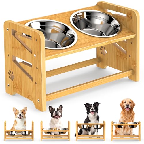 Elevated Dog Bowls, Adjustable Raised Dog Bowl Stand for Medium and Small Dog, 11" High Bamboo Pet Food Feeder with 2 Stainless Steel Dishes（4 Heights） - size: Medium/Small sized dogs