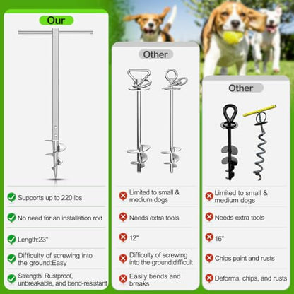Dog Tie Out Stake for Large Dogs Supports Up to 220 lbs, Heavy-Duty 304 Stainless Steel Dog Anchor with 32FT Tangle-Free Cable for Yard, Camping, Outdoor | No Pull-Out, No Tools Needed