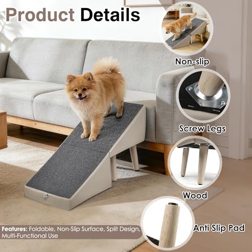 Split Ottoman Dogs Ramp, Dog Ramp for Couch and Bed, Dog Stairs for Small Dogs and Cats, 2-in-1 Foldable Wooden Pet Stairs and Ottoman,Non-Slip Fabric Surface Ramp for Couch and Bed Gray - color: Gray