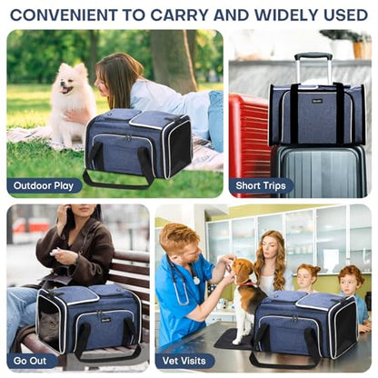 Pet Carrier, Large Soft Sided Expandable Travel Carrier with Steel Frame, Anti-Scratch Mesh, Removable Fleece Pad and Pockets for Cats, Dogs and Small Animals up to 15 lbs (Blue, 4 Sides Expandable) - color: Blue