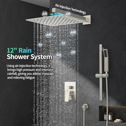 SR SUN RISE 12 Inch Square Shower System, Rain Shower Head and Slide Bar Handheld Shower Faucet Wall Mounted Combo Set Included Valve and Trim Kit for Bathroom, Brushed Nickel - color: Brushed Nickel, style: 12"