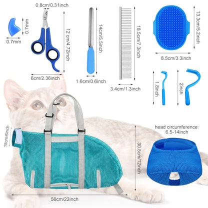 9 Pcs Cat Bathing Bag Set Shower Bag Anti Bite and Scratch for Pet Grooming Washing Comb Muzzle Nail Clipper Nail File Tick Tool (Sky Blue) - color: Sky Blue