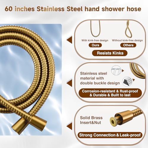 BRIGHT SHOWERS Dual Shower Head with Handheld, High Pressure Rainfall Shower Head Combo, 60-Inch Stainless Steel Hose, Brushed Gold - color: Brushed Gold, size: 2.5 Gallon Per Minute