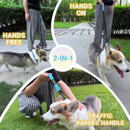 Hands-Free Bungee Dog Leash for Running Walking Small Medium Dogs | 4-6ft length, 28-47in adjustable waist belt, 2 reinforced handles, shock absorbing, reflective anti-pull, blue handles - color: Blue