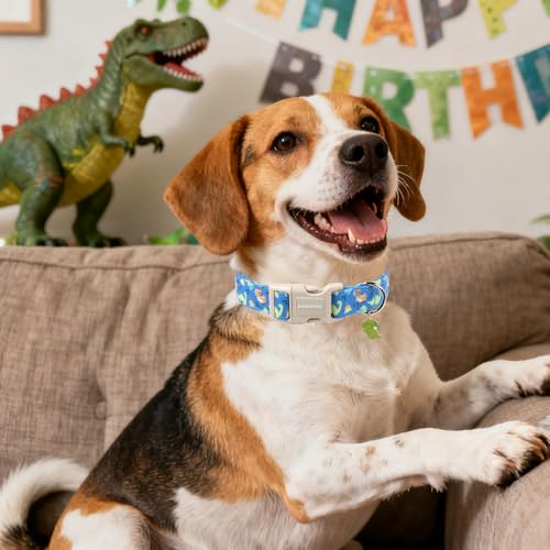 DOGWONG Blue Dog Collar Adjustable Soft Natural Fabric Boy Pet Dog Collar Cute Dinosaur Puppy Collars for Small Medium Large Dogs - color: Z: Dinosaur, size: Extra Small