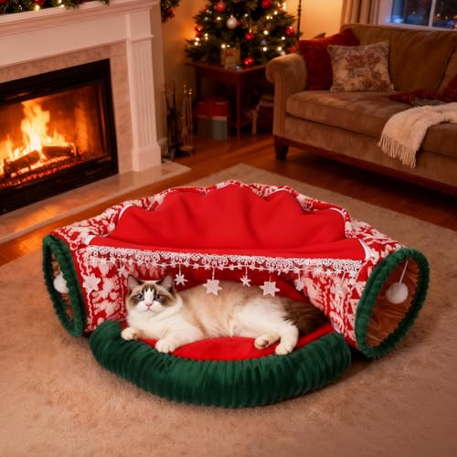 Cat Tunnel Bed, 2-in-1 Cat Tunnels for Indoor Cats, Soft Washable Covered Pet Cave Bed, Play Tube Pet Toys for Cats, Rabbits, and Small Animals