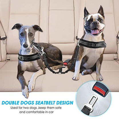 SlowTon Dog Seat Belt, Double Dog Seatbelt Adjustable Vehicle Safety Leash with Elastic Bungee Buffer, Reflective No Tangle Y Shape Two Dog Harness Seat Belt Splitter for Pets Car Trip (Black, M) - color: A.Black, size: 2 Medium in 1