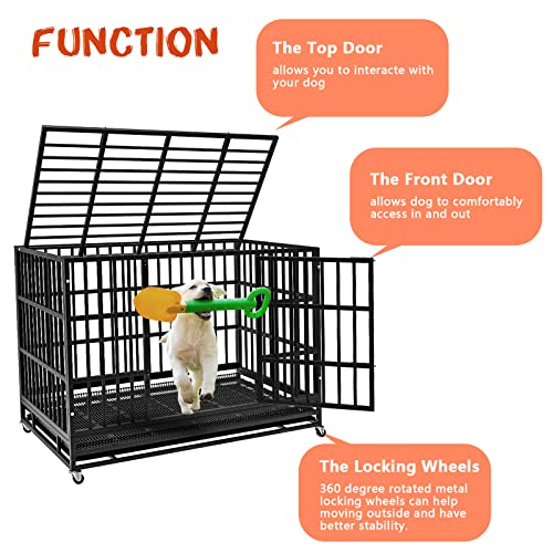 LEMBERI 48" Heavy Duty Dog Crate, Indestructible Escape-Proof Cage Kennel for Large Dogs, High Anxiety Dog Crate with Removable Wire Trays & Lockable Wheels, Extra Large XL XXL, Black - color: Black, size: 47.2"L x 30.7"W x 36"H