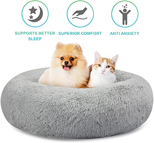 SAVFOX 20 inches Calming Donut Dog Bed - 3X Durable Plush Faux Fur, Machine Washable & Non-Slip, Fits up to 15 lbs, Light Grey - color: Light Grey, size: X-Small | 20"x20"