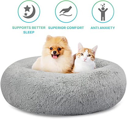 SAVFOX 20 inches Calming Donut Dog Bed - 3X Durable Plush Faux Fur, Machine Washable & Non-Slip, Fits up to 15 lbs, Light Grey - color: Light Grey, size: X-Small | 20"x20"