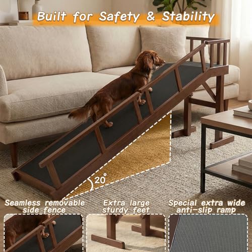 73" Dog Ramp for Bed with Rest Platform & Glow Strips, 20° Gentle Slope, EVA Non-Slip Surface, Removable Safety Rails, Birchwood Solid Wood, for Small, Large & Senior Dogs, Joint Protection, Brown - size: 73.2"L x 25"H x 15.7"W