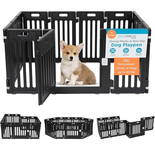 BIRDROCK HOME Dog Playpen w/Door, 12 Panel, 25.6in H | Strong Plastic, Non-Slip Puppy Playpen, Secure Pet Gate | Indoor Outdoor Fence | Configurable Panels | Small to Medium Pets - Black - color: Black, style: 12 Panels