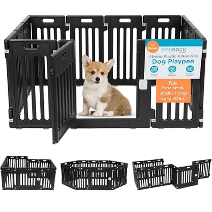 BIRDROCK HOME Dog Playpen w/Door, 12 Panel, 25.6in H | Strong Plastic, Non-Slip Puppy Playpen, Secure Pet Gate | Indoor Outdoor Fence | Configurable Panels | Small to Medium Pets - Black - color: Black, style: 12 Panels