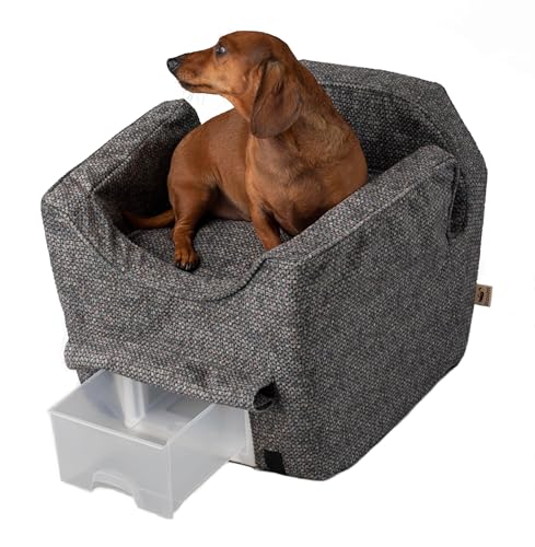 Snoozer Dog Car Seat with Storage Tray: Lookout II Car Seat for Small Dogs 0-15 lbs, Pet Booster to Alleviate Motion Sickness for Dogs, Included Harness Strap, Merlin Pewter Removable Washable Cover - color: Merlin Pewter, size: Small