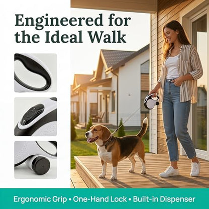 Retractable Dog Leash 16ft for Medium Dogs up to 66lbs — Durable Nylon Tape Leash with 360° Tangle-Free, One-Handed Brake & Lock, with Poop Bag Dispenser, Anti-Slip ABS Handle (White)