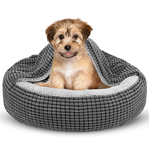 Small Dog Bed with Attached Blanket, Cozy Donut Cuddler Anti-Anxiety Hooded Pet Beds Calming Cave Bed. Orthopedic Round Puppy Beds for Dogs or Cats Washable, Anti-Slip Bottom, 23inch - color: Grey, size: S (23''x23''x7'')