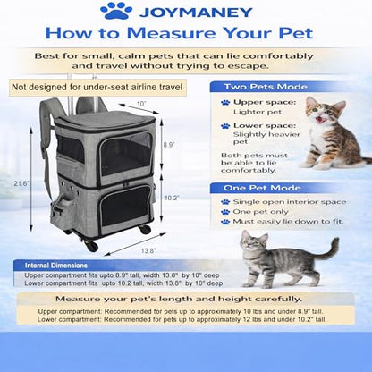 Double Pet Carrier Backpack with Wheels for Small Dogs & Cats, Dual Compartment Rolling Carrier for Vet Visits & Road Trips (Not Designed for Under-Seat Airline Travel, Check Size Guide)