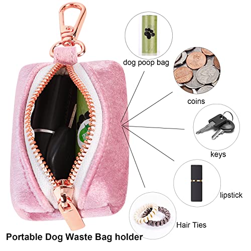 ARING PET Velvet Dog Waste Bag Dispenser, Pink Doggy Poop Bags Holders Attach to Any Leashes, Portable Washable Pet Waste Pouch Dispenser with Metal Zipper - color: A:pink