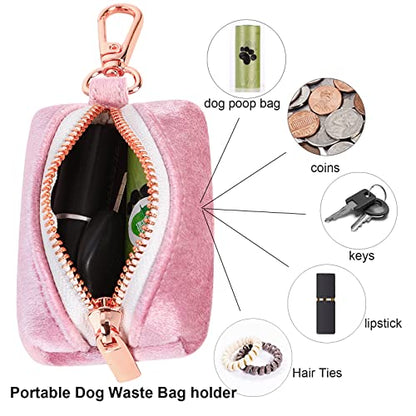 ARING PET Velvet Dog Waste Bag Dispenser, Pink Doggy Poop Bags Holders Attach to Any Leashes, Portable Washable Pet Waste Pouch Dispenser with Metal Zipper - color: A:pink