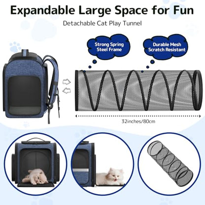 Cat Carrier Backpack with Detachable Play Tunnel, 2 in 1 Cat Tunnel Backpack Suitable for Carrying & Playing, Expandable Pet Carrier for Small Medium Kitten Puppy, Suitable for Travel Hiking Camping - color: Blue+Tunnel