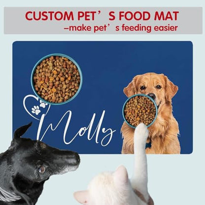 Personalized Dog & Cat Food Mat with Name & Photo Waterproof PU Pet Bowl Mat Non-Slip Rubber Bottom Easy Clean 3 Sizes (24"×16", 30"×20", 36"×24") Photo & Name - color: Photo & Name