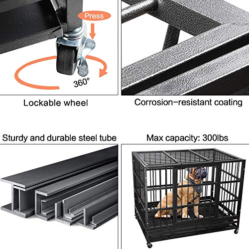 LEMBERI 42 Inch Heavy Duty Indestructible Dog Crate, High Capacity Escape Proof Double Door Kennel with Lockable Wheels, 35" Tall Medium Dog Cage with 0.8" Steel Tubes, Removable Tray, Black - color: Black, size: 42.5"L x 29.9"W x 34.5"H