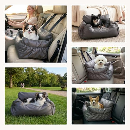 PAWZ Road Small Dog Car Seat, Pet Car Bed for Travel&Home, Waterproof Leather Dog Booster Seat with Safety Belts & Storage Pocket, Grey - size: Medium