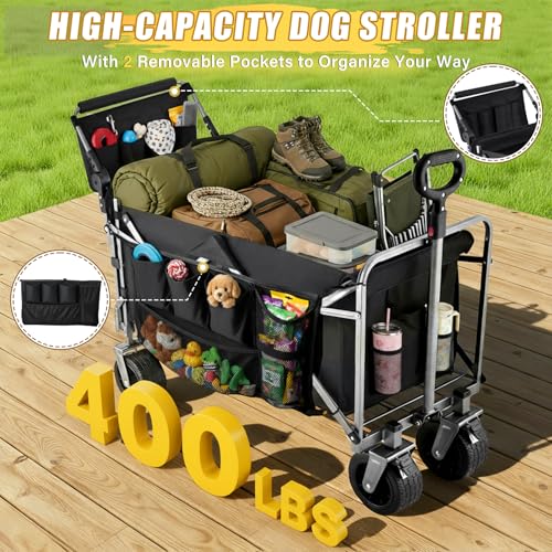 Dog Wagon for Large Dogs Up to 400 lbs, Foldable Dog Stroller for Medium to Large Dogs with Tailgate, Pet Carts with Wheels for Walking, Beach, Garden, Camping, Sport, Black L