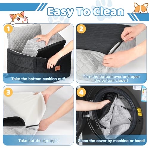 Dog Car Seat for Small Medium Dogs Up to 40 lbs – Dog Booster Seat with 6-Inch Memory Foam, Pet Car Seat with Removable Washable Cover, 3 Safety Belts & 2 Storage Bags (Black/Gray)