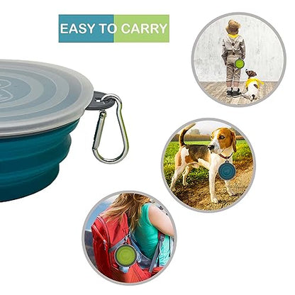Small Collapsible Dog Bowl 12oz,2 Pack Portable and Foldable Pet Travel Bowls with 2 Carabiners & Lids for Dogs Cats and Small Animals (Blue+Green+Grey, 350ml)