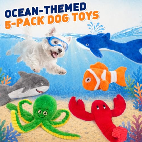 No Stuffing Squeaky Crinkle Dog Toys, 5-Pack Ocean Animal Plush Set | For puppies and small, medium & large dogs | full-body crinkle and squeaker in every toy | easy to carry, toss and shake - color: Ocean