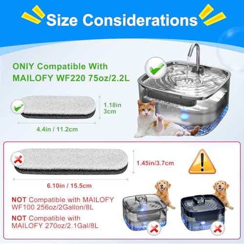 8pc Cat Water Fountain Filter Compatible with MAILOFY WF220 Model | 75oz/2.2L Dog Fountain Filters Compatible with MAILOFY Replacement Filters, Dog Water Bowl Filter Fit for Pet Water Dispenser