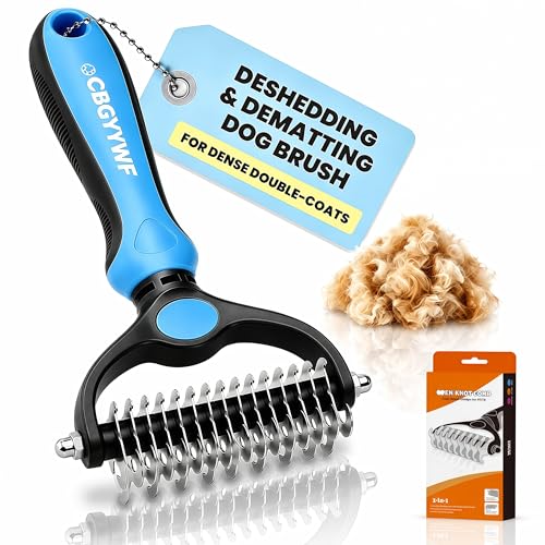 2026 New Double-Sided Deshedding Dematting Tool, Undercoat Rake for Dogs & Cats, Extra-Wide Dog Grooming Brush & Deshedder Comb for Long Hair (Blue) - color: Blue