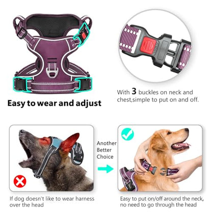 Timos Dog Harness Small Sized, No Pull Pet Harness with Neck Lockable Snap, No Choke Front Clip Reflective Vest, Adjustable Metal Rings 3 Buckles, Easy Control Handle for Small Dogs Grape Purple S - color: Lock Grape Purple, size: Small (Pack of 1)