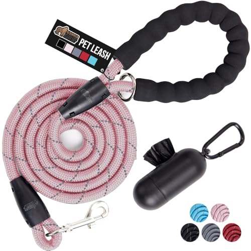 GORILLA GRIP Dog Leash, Heavy Duty Reflective Rope Leashes for 105lb Dogs, Cats, Small Animals, Puppy Training Essential for Walks, Hikes, Soft Handle, Rotating Metal Clip, Waste Bag Dispenser, Pink - color: Pink, size: 4 FT X 1/2 Inch (105lb)