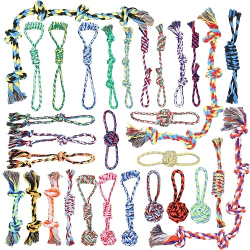 Hiboom 30 Pcs Rope Dog Toys for Aggressive Chewers Heavy Duty Dog Chew Toys for Medium Large Dog Cotton Dog Toys War Dog Toy for Teeth Cleaning