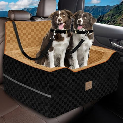 Large Dog Car Seat for Back Seat – Removable Dog Booster Seat & Washable Pet Car Seat for Medium & 2 Small Dogs up to 60lbs – Safety Straps & Storage Pocket – Travel & Home Use (Black/Brown) - color: Medium-Black/Brown