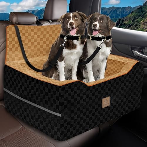 Large Dog Car Seat for Back Seat – Removable Dog Booster Seat & Washable Pet Car Seat for Medium & 2 Small Dogs up to 60lbs – Safety Straps & Storage Pocket – Travel & Home Use (Black/Brown) - color: Medium-Black/Brown