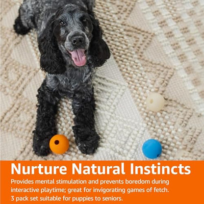 Amazon Basics Interactive Bouncy Durable Rubber Dog Toy Balls, 2.5 inch, Blue, Beige, Orange, Pack of 3 - size: 2.5 inch, style: Assorted Balls (Pack of 3)