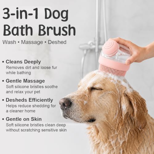 Dog Bath Brush with Shampoo Dispenser | Silicone Pet Grooming Scrubber for Dogs Cats and Puppies | Rubber Curry Tool for Bathing Deshedding and Massage | Easy Grip One Handed Design - color: Pink