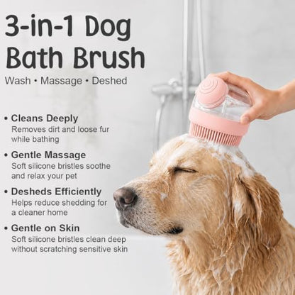 Dog Bath Brush with Shampoo Dispenser | Silicone Pet Grooming Scrubber for Dogs Cats and Puppies | Rubber Curry Tool for Bathing Deshedding and Massage | Easy Grip One Handed Design - color: Pink