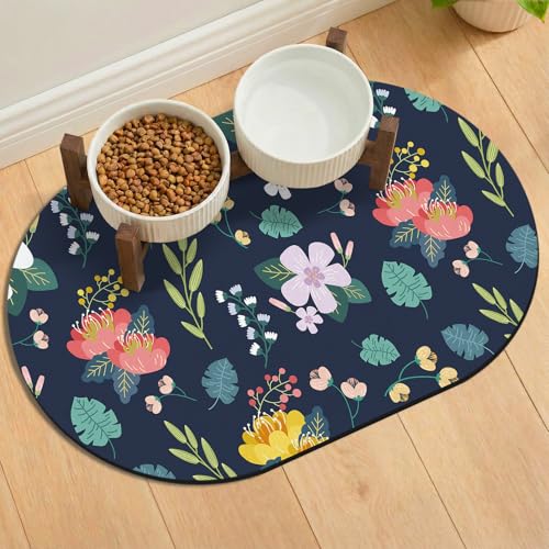 Absorbent Pet Food Mat 24''x16'', No Stains Quick Dry Pet Water Mat Protect Floor, Cat Dog Water Bowl Mat for Messy Drinkers, Non-Slip Rubber Base Pet Placemats for Food and Water, Dark Blue Floral - color: Dark Blue Floral, size: 24''x16''