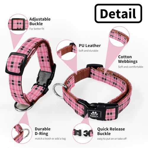 NESTROAD Dog Collar and Leash Set,Soft Neoprene Pet Collar with Quick Release Buckle,Adjustable Nylon Dog Collars for Small Medium Large Dogs(Medium,Cherecked Pink) - color: Checkered Pink, size: Medium