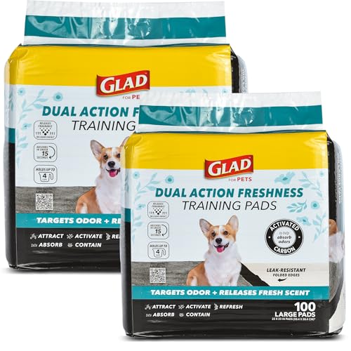 Glad for Pets Dual Action Freshness Activated Carbon Puppy Pads, Fragrance Release, Scented Odor Control, 6-Layer Leak-Proof, Pheromone Attractant, 23 x 23 Inch, 100 Count - 2 Pack - size: 100 Count (Pack of 2)