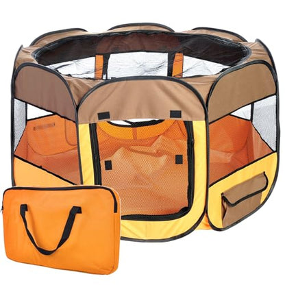 Pet Life All-Terrain Lightweight Wire-Framed Folding Collapsible Pet Playpen, Travel Cat and Dog Playpen, Features Breathable Mesh and Zippered Entrances with Carrying case - color: Brown
