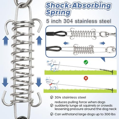 Tinnmao Heavy Duty Dog Tie Out Cable & Spiral Stake, 30 FT Tether with 15.7" (40cm) 12mm Coated Carbon Steel Screw-in Anchor (7cm Helix), Dual Swivel + Shock Spring, Outdoor Tie Out for Yard & Camping