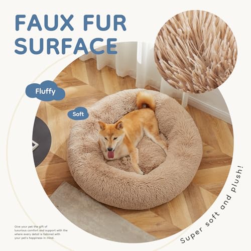 DUMOS 24.8x24.8 Inch Calming Donut Dog Beds for Medium Dogs, Machine Washable Cuddler Warming Cozy Fluffy Faux Fur Plush Round Pet Bed, Anti-Slip Bed for Indoor Dogs and Cats, Brown(2 Pack)