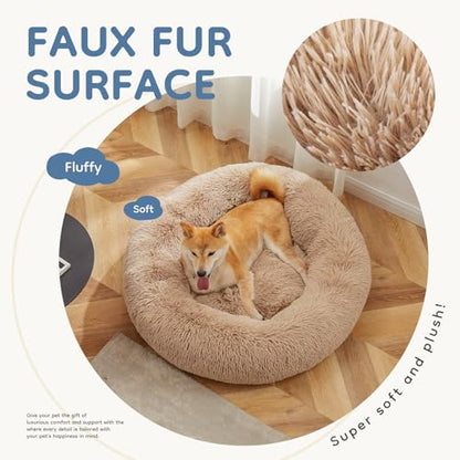 DUMOS 24.8x24.8 Inch Calming Donut Dog Beds for Medium Dogs, Machine Washable Cuddler Warming Cozy Fluffy Faux Fur Plush Round Pet Bed, Anti-Slip Bed for Indoor Dogs and Cats, Brown(2 Pack)