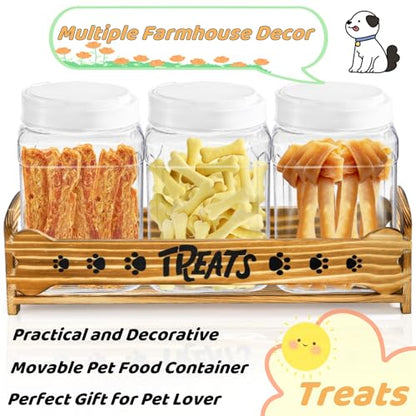 Tlence Dog Treats Container with 3 Plastic Jars, Dog Food Storage Canister with Wooden Stand, Airtight Pet Treat Holder for Dogs and Cats, Dog Snacks Treat Organizer with Scoop for Kitchen Counter